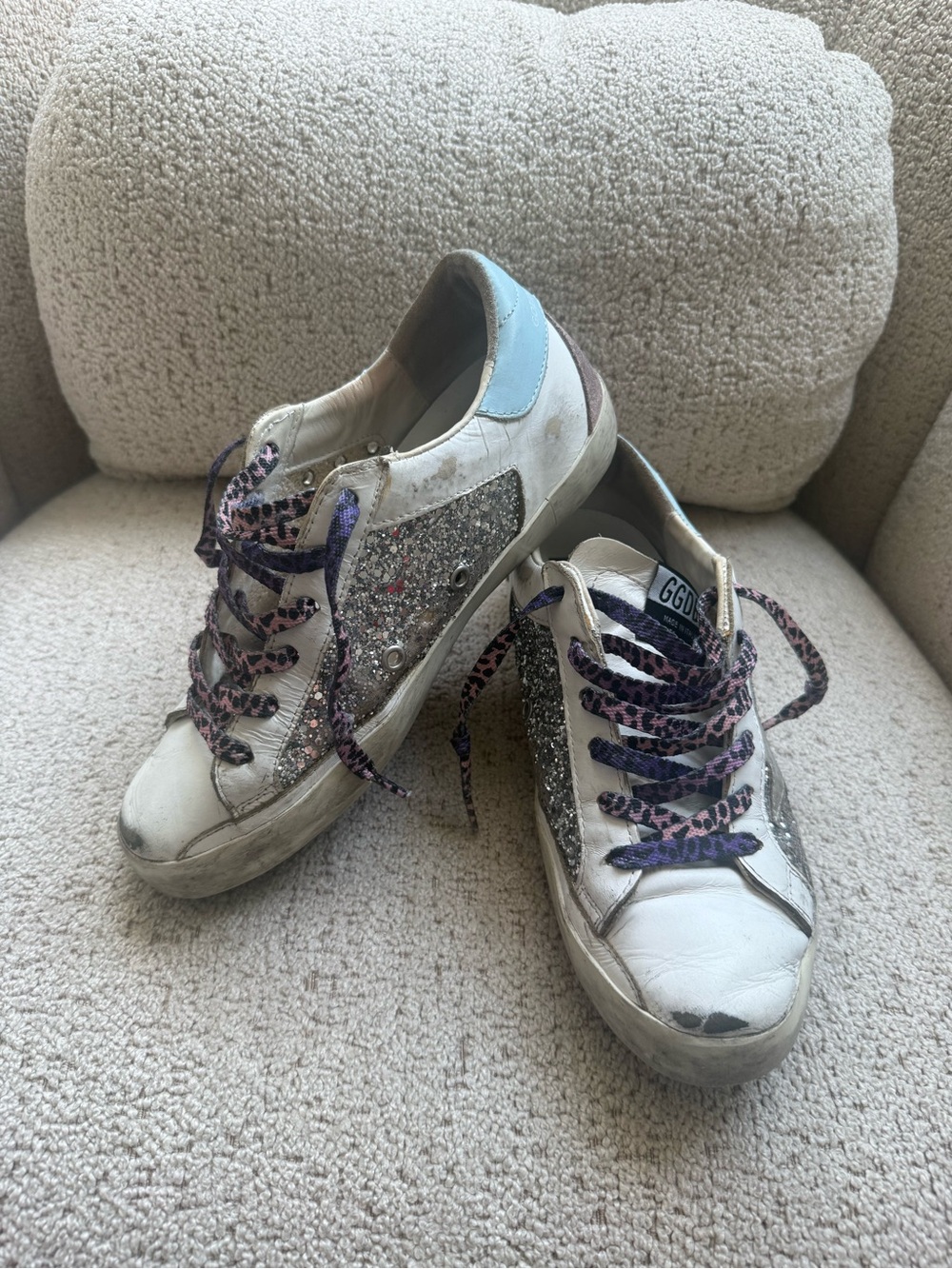 Golden Goose White Sneakers with Silver Glitter Panels & Purple Leopard Laces
